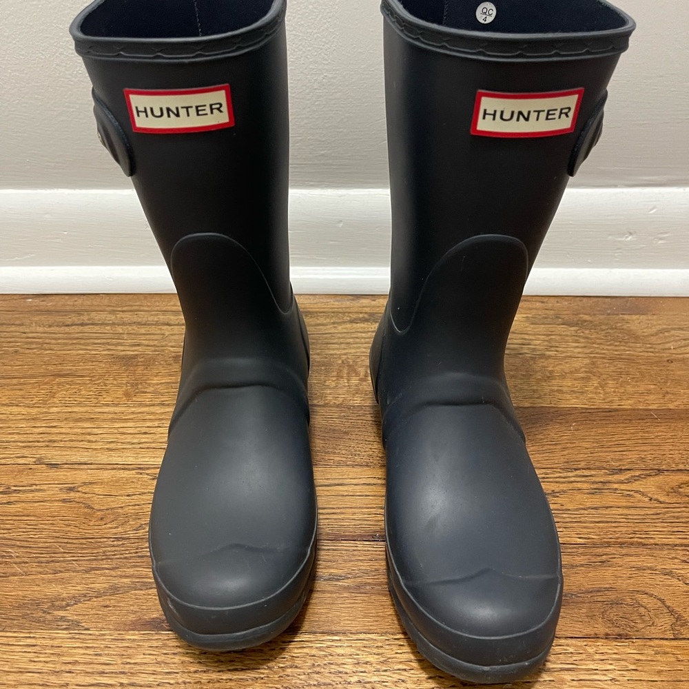 Hunter rain boots.